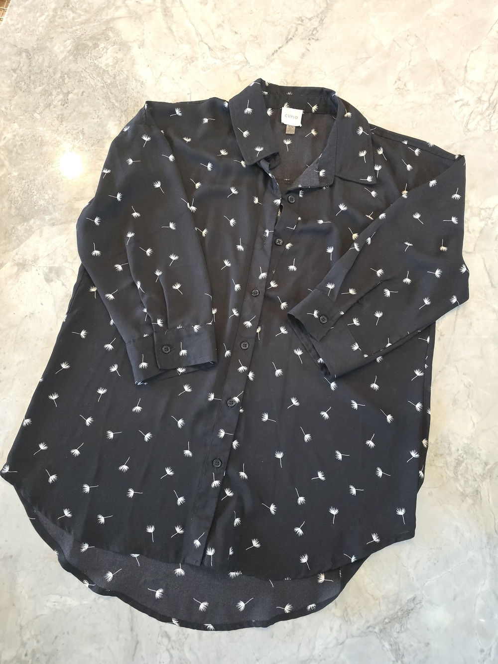Black Button-Down Shirt with White Dandelion Print